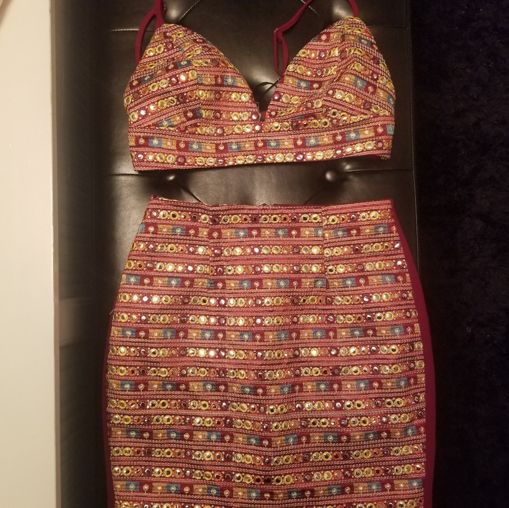 Colorful & Mirror pattern Crop & Skirt Set